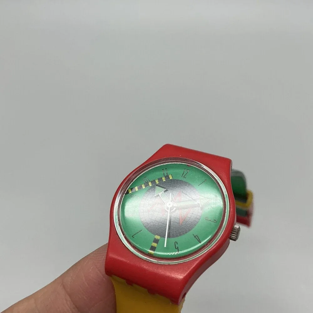 Vintage Swatch Radar Womens Watch 25mm Green Dial Red Swiss New Battery